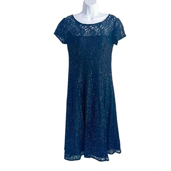 SLNY Navy Blue Sequin Lace Short Sleeve Midi Cocktail Evening Dress Size 4 NWOT - Picture 3 of 7